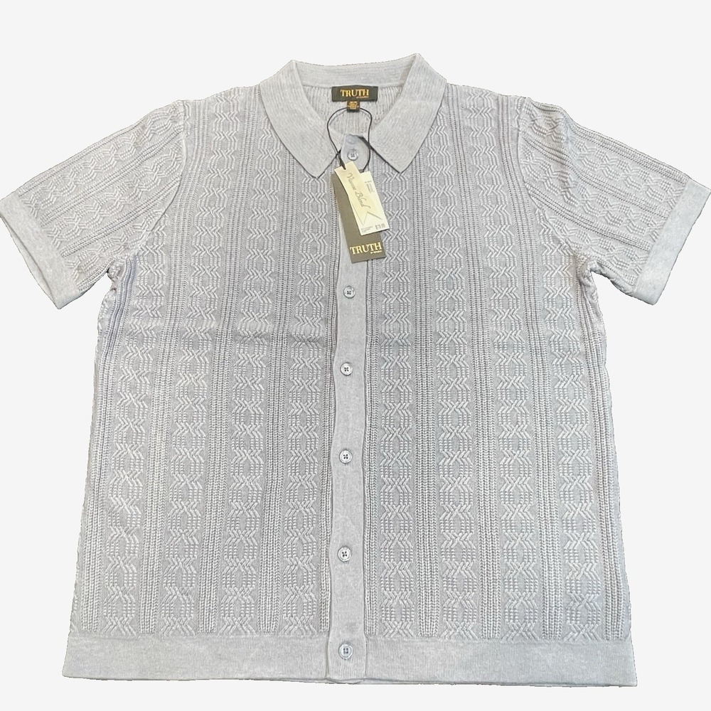 Truth Men's M Textured Cable Knit Camp Shirt‎ Dusk Blue Short Sleeve Button Up